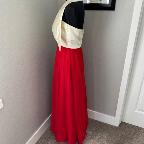 GORGEOUS Vintage 1960s Ivory Satin Halter Dress Red Chiffon Maxi Small 4 - Picture 12 of 16